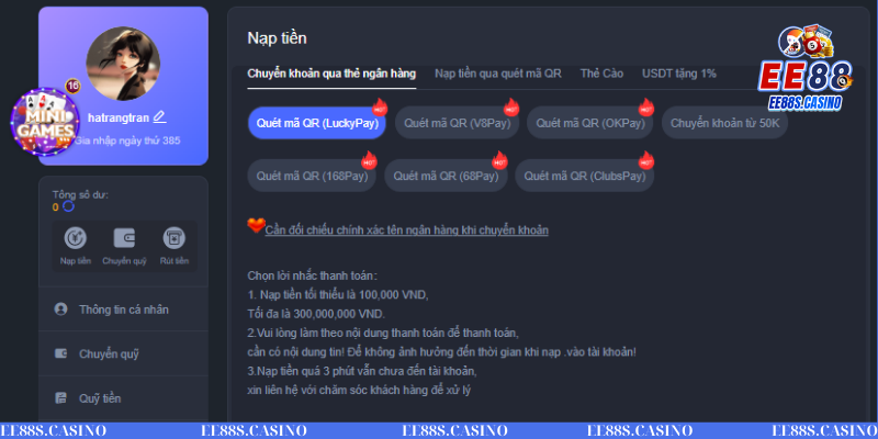 Nạp tiền tại nhà cái EE88 dễ dàng